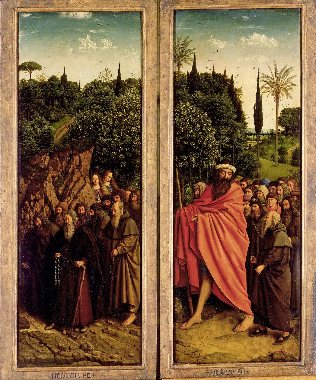 Gent-altertavlen. Tilbedelse af det mystiske lam: De hellige eneboere og de hellige pilgrimme, 1432. af Jan van Eyck