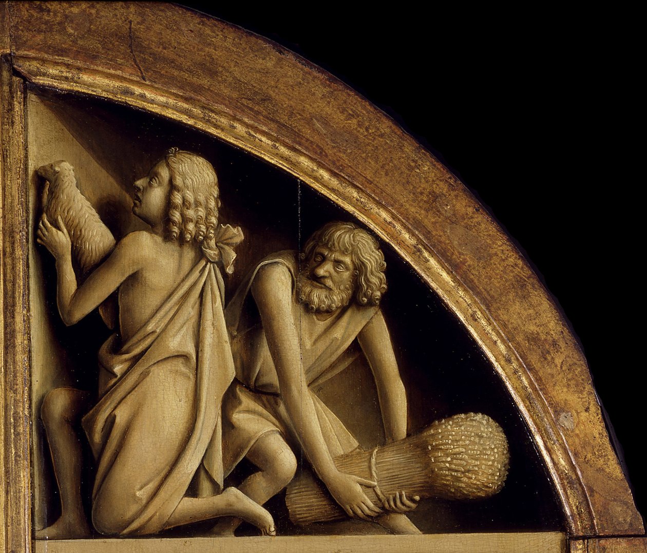 Gent-altertavlen. Tilbedelse af det mystiske lam: Kains og Abels offer, 1432. af Jan van Eyck