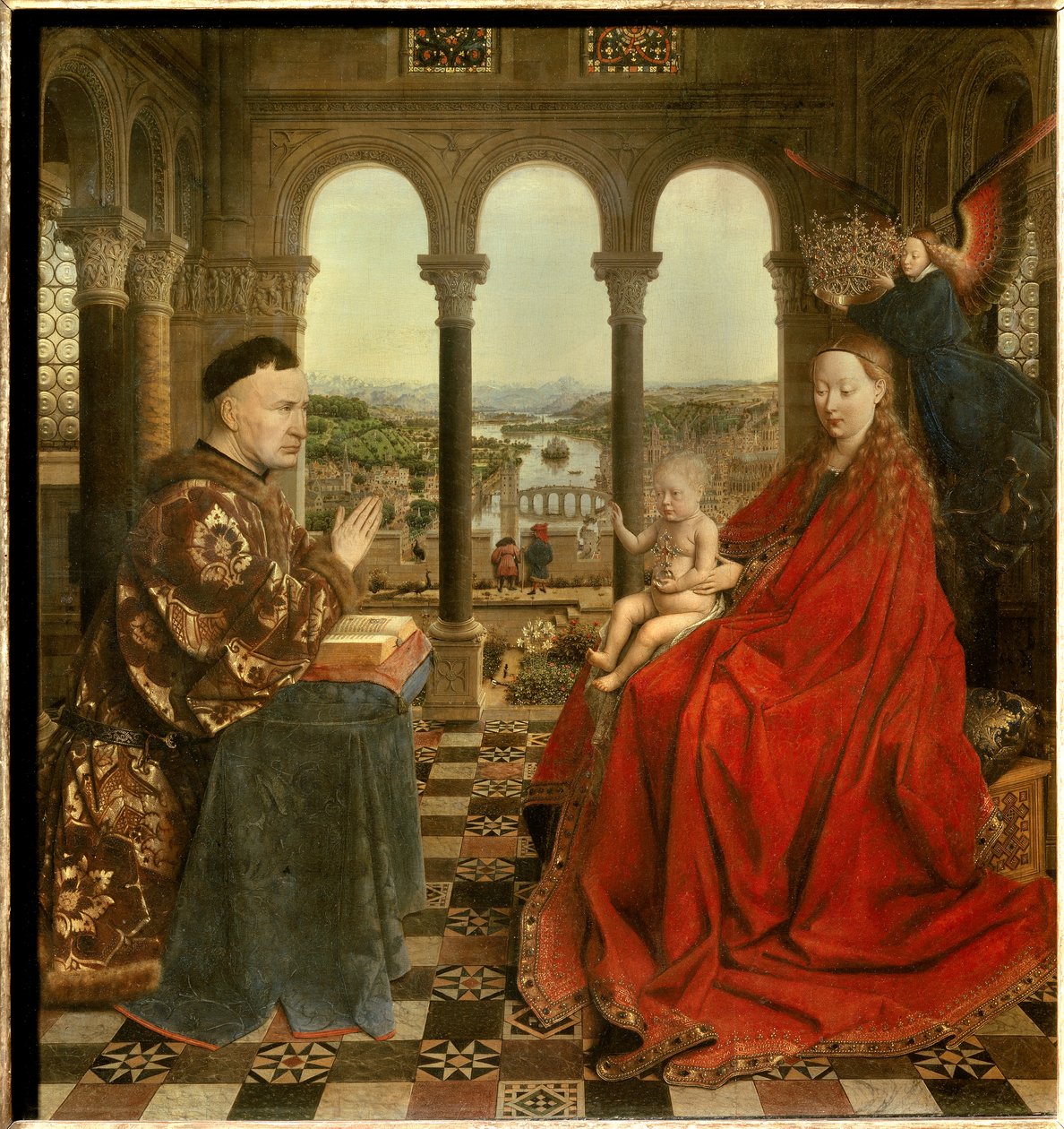 Jomfruen af kansler Rolin Nicolas Rolin (1376-1461) var kansler i Bourgogne under Philippe Le Bon og grundlægger af Hospices de Beaune i 1443. Maleri af Jan van Eyck (1390-1441). 15. århundrede søn. 0,66x0,62 m Paris, - Jomfruen af Kansler R af Jan van Eyck