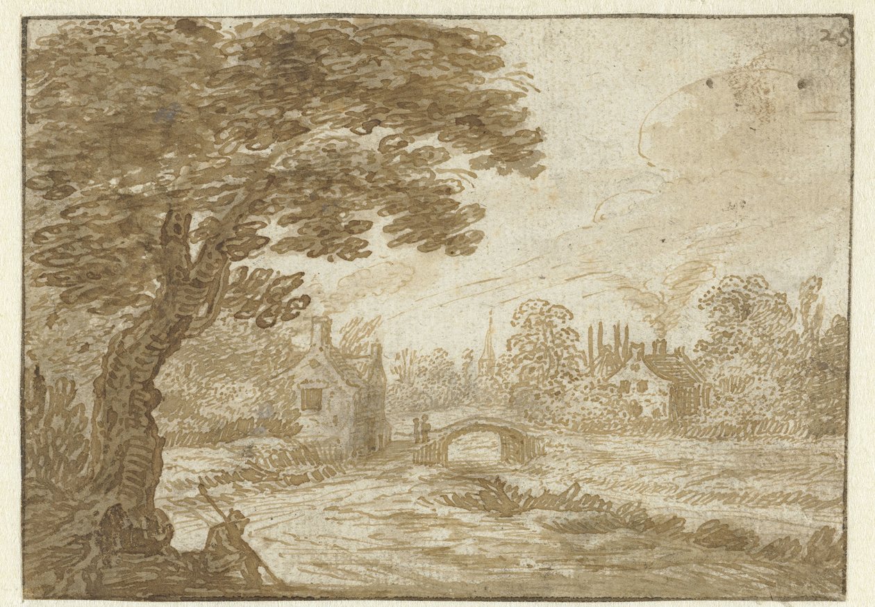Landskab med huse og en bro af Jan van Goyen (possibly)