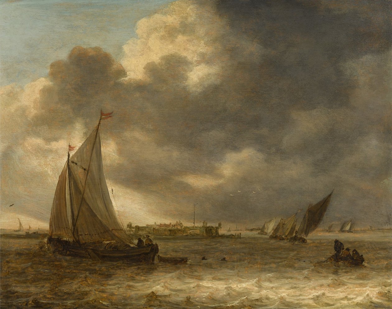 Et flodlandskab med sejlskibe af Jan van Goyen