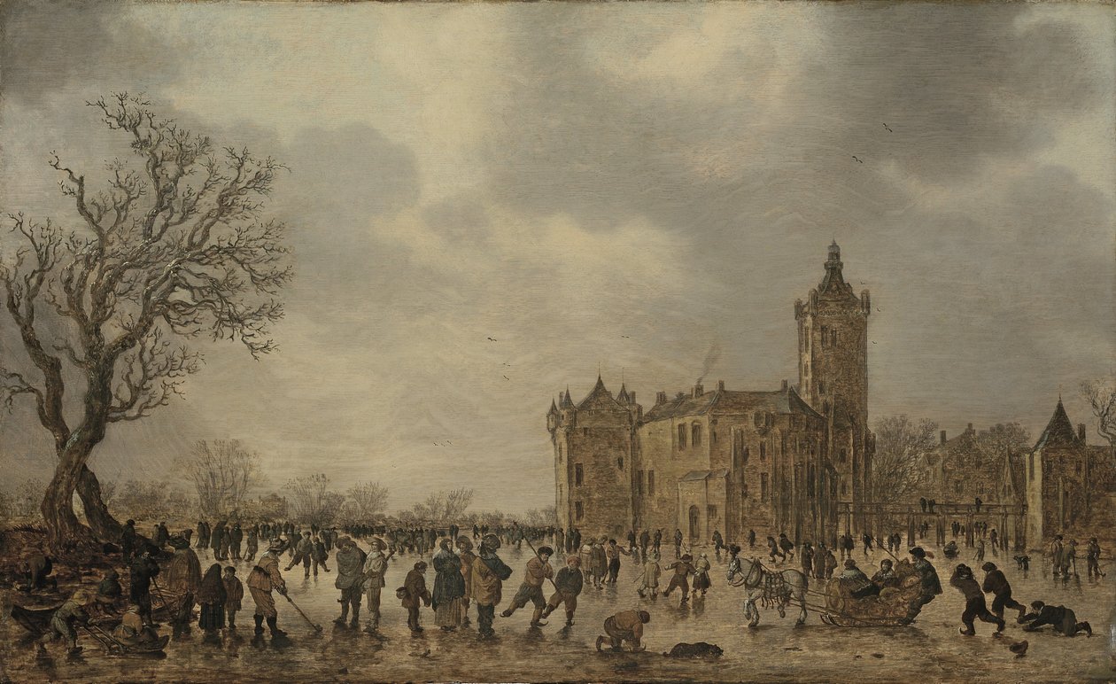 Et vinterlandskab med figurer, der desporterer på isen ved slottet Montfoort af Jan van Goyen