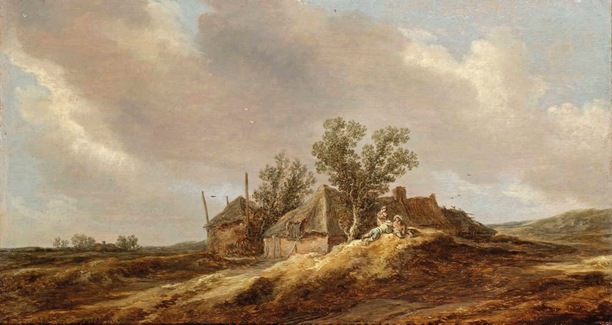 Et omfattende klitlandskab med bønder, der hviler sig foran en bondegård af Jan van Goyen