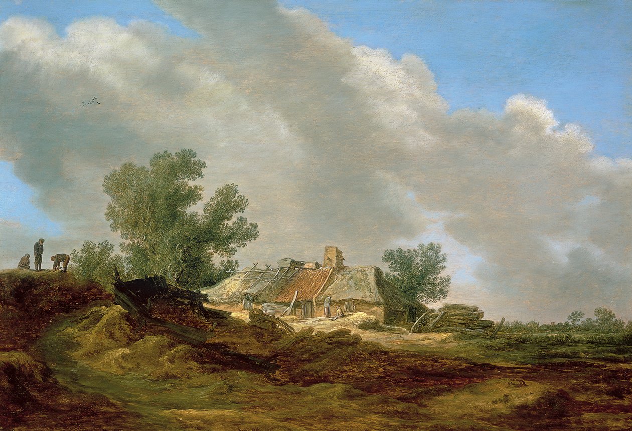 Klitlandskab med hytte og figurer af Jan van Goyen