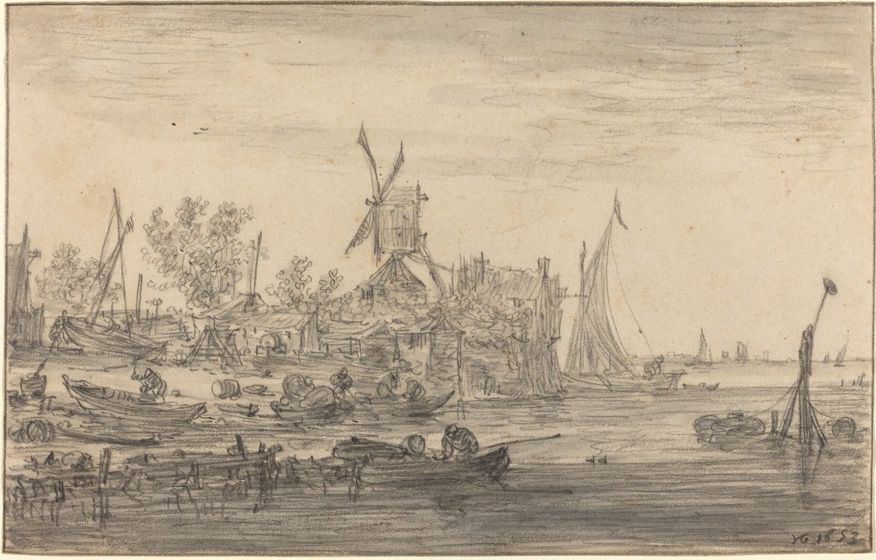 Forstrandscene med vindmølle af Jan van Goyen