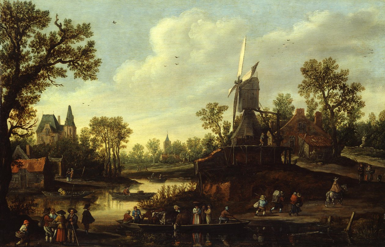 Tysk: Flusslandschaft mit Fähre Flodlandskab med færge af Jan van Goyen