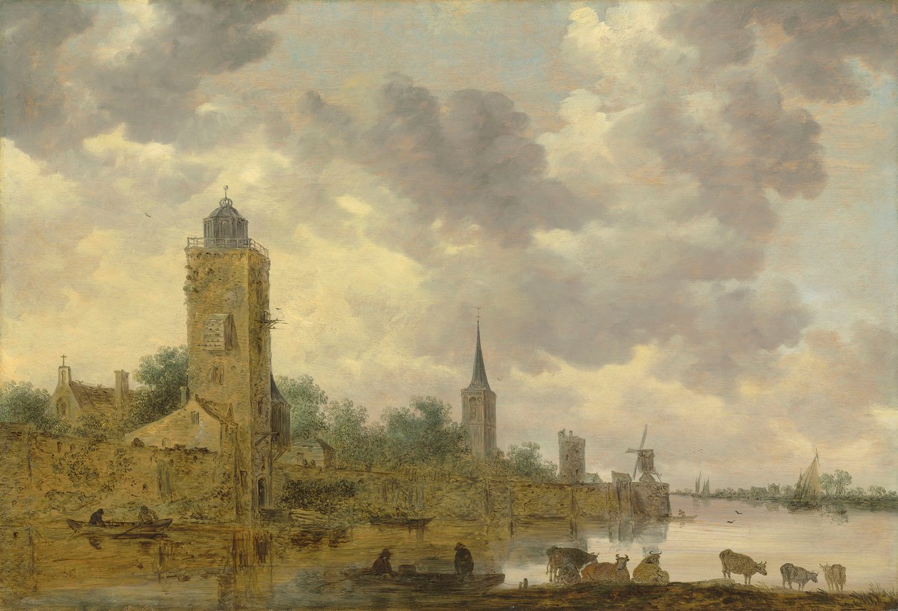 Landskab med bymur og fyrtårn af Jan van Goyen