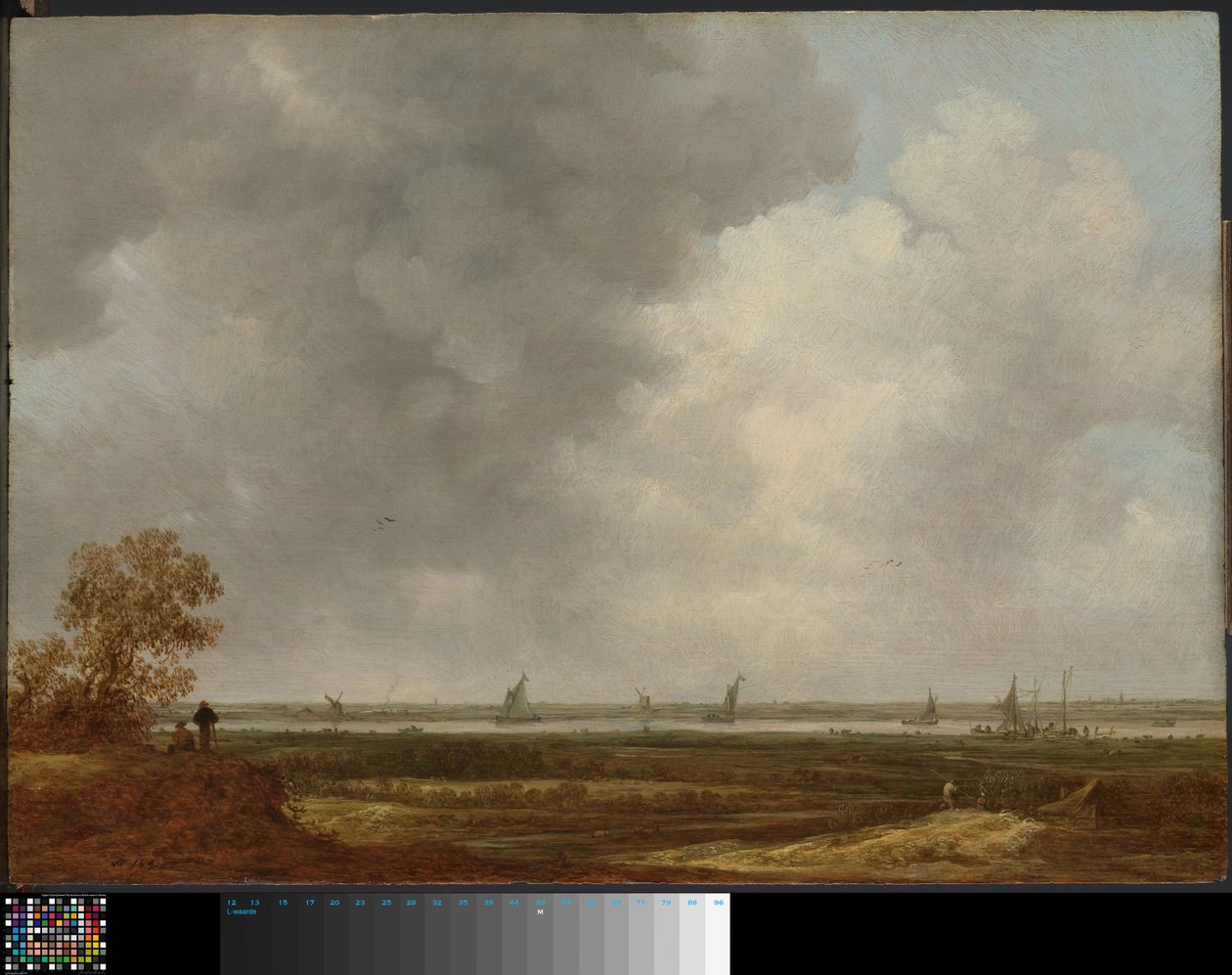 Panoramaudsigt over en flod med lavtliggende enge af Jan van Goyen
