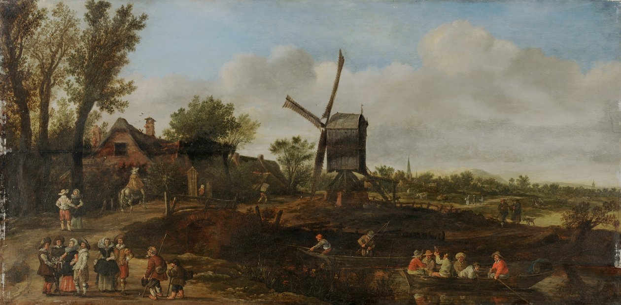 Flodlandskab med vindmølle og både af Jan van Goyen
