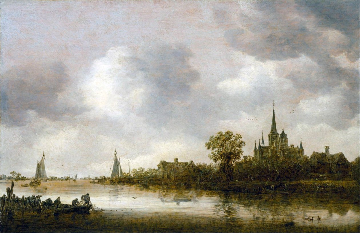 Flodlandskab med en kirke i det fjerne af Jan van Goyen
