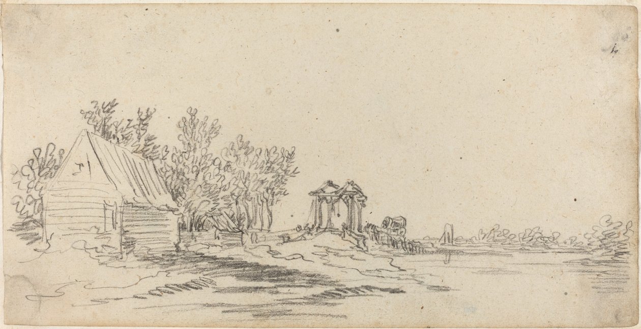 Flodlandskab med en fjern bro af Jan van Goyen