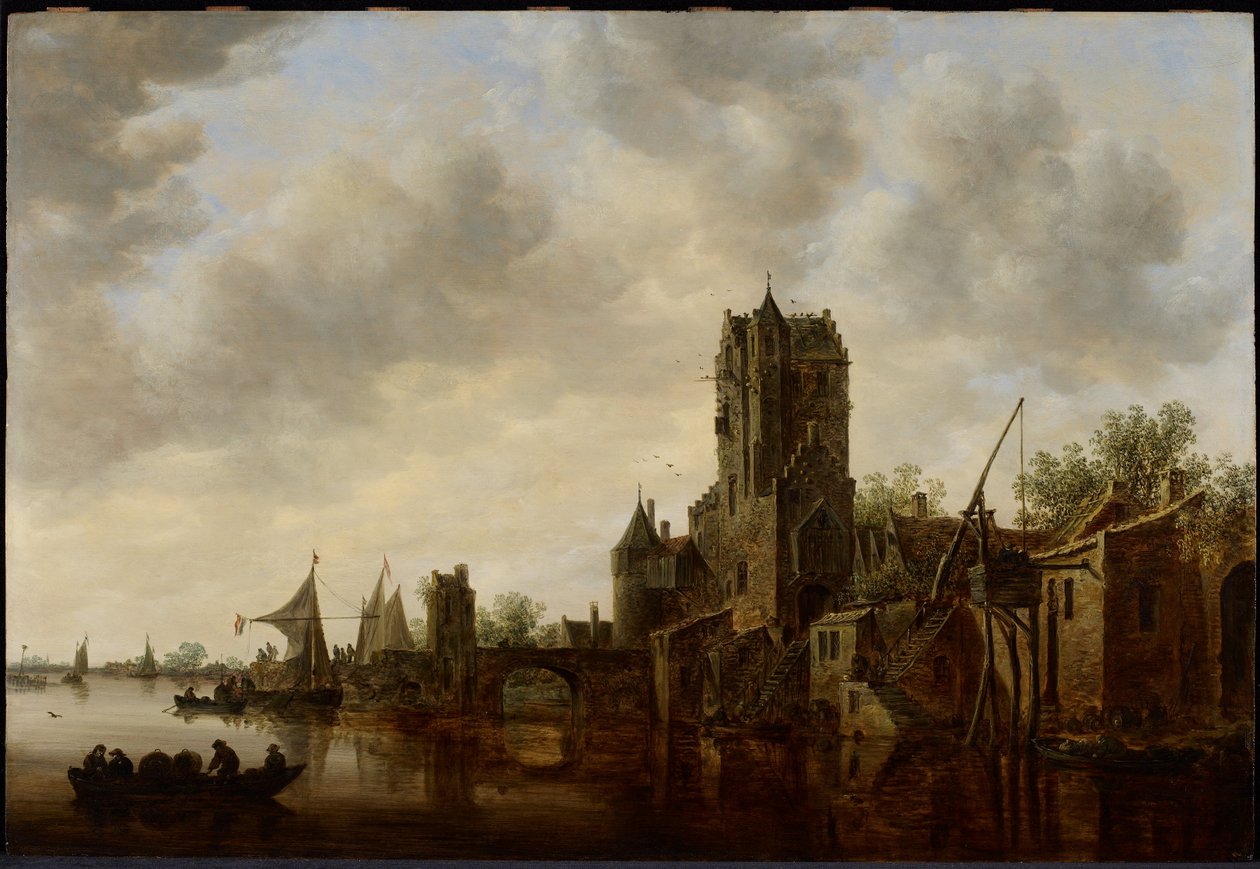 Flodlandskab med Pellecussen-porten nær Utrecht af Jan van Goyen