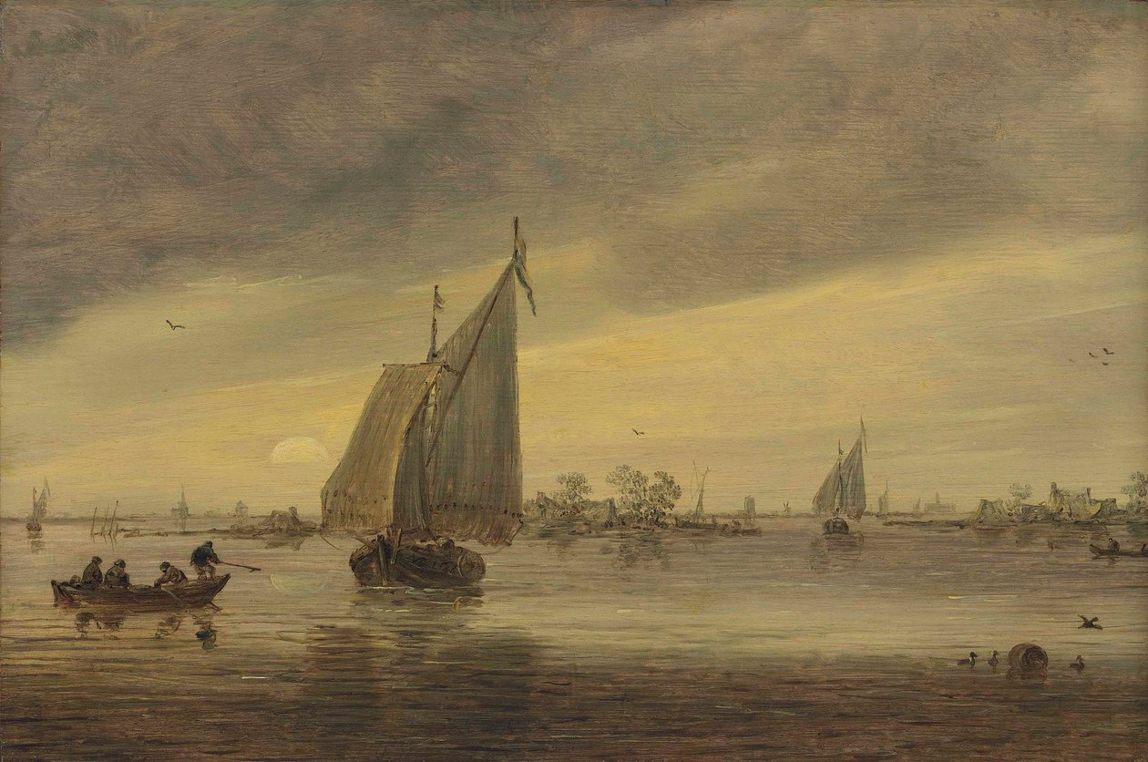 Solopgang over Haarlemmermeer med et schmalship og andre både af Jan van Goyen