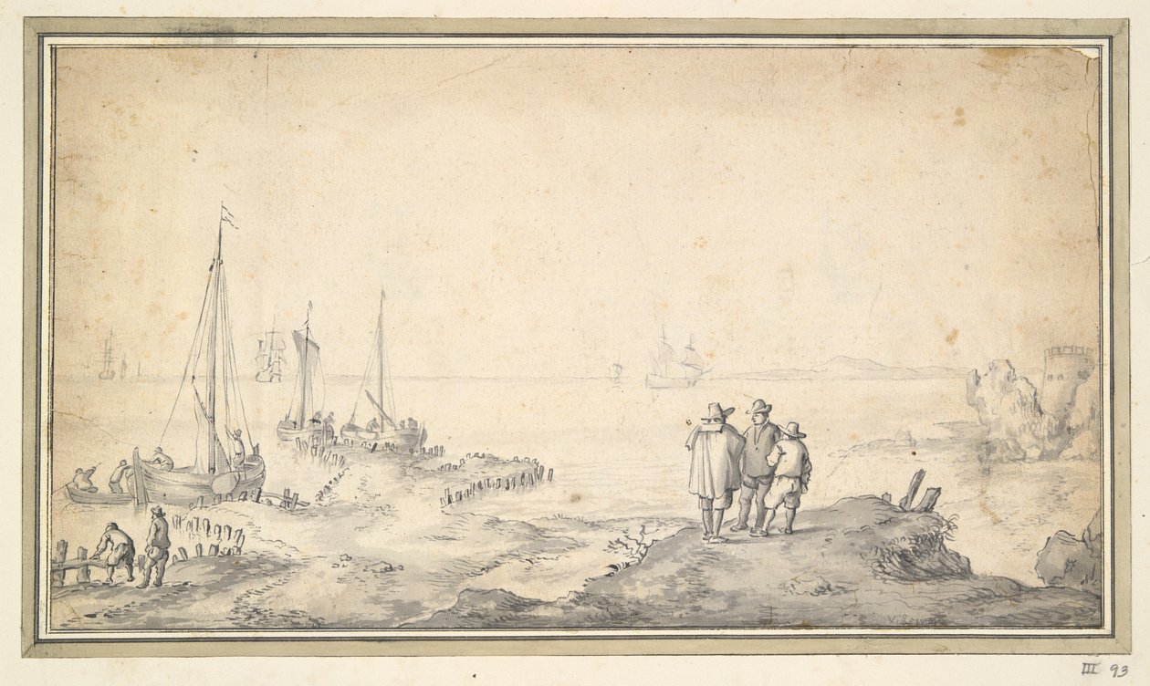Tre figurer på en klit med udsigt over bugten med skibe af Jan van Goyen