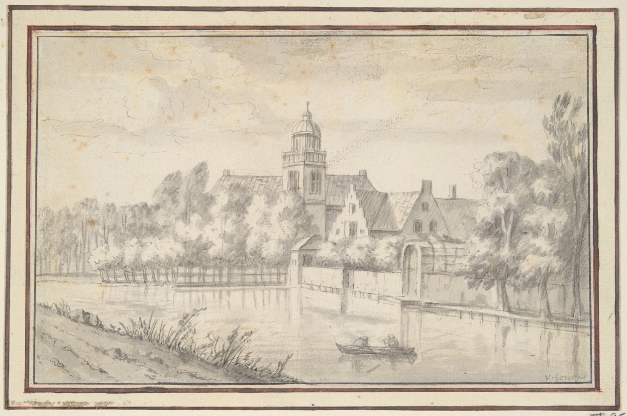 Udsigt over slottet og huset ved floden af Jan van Goyen