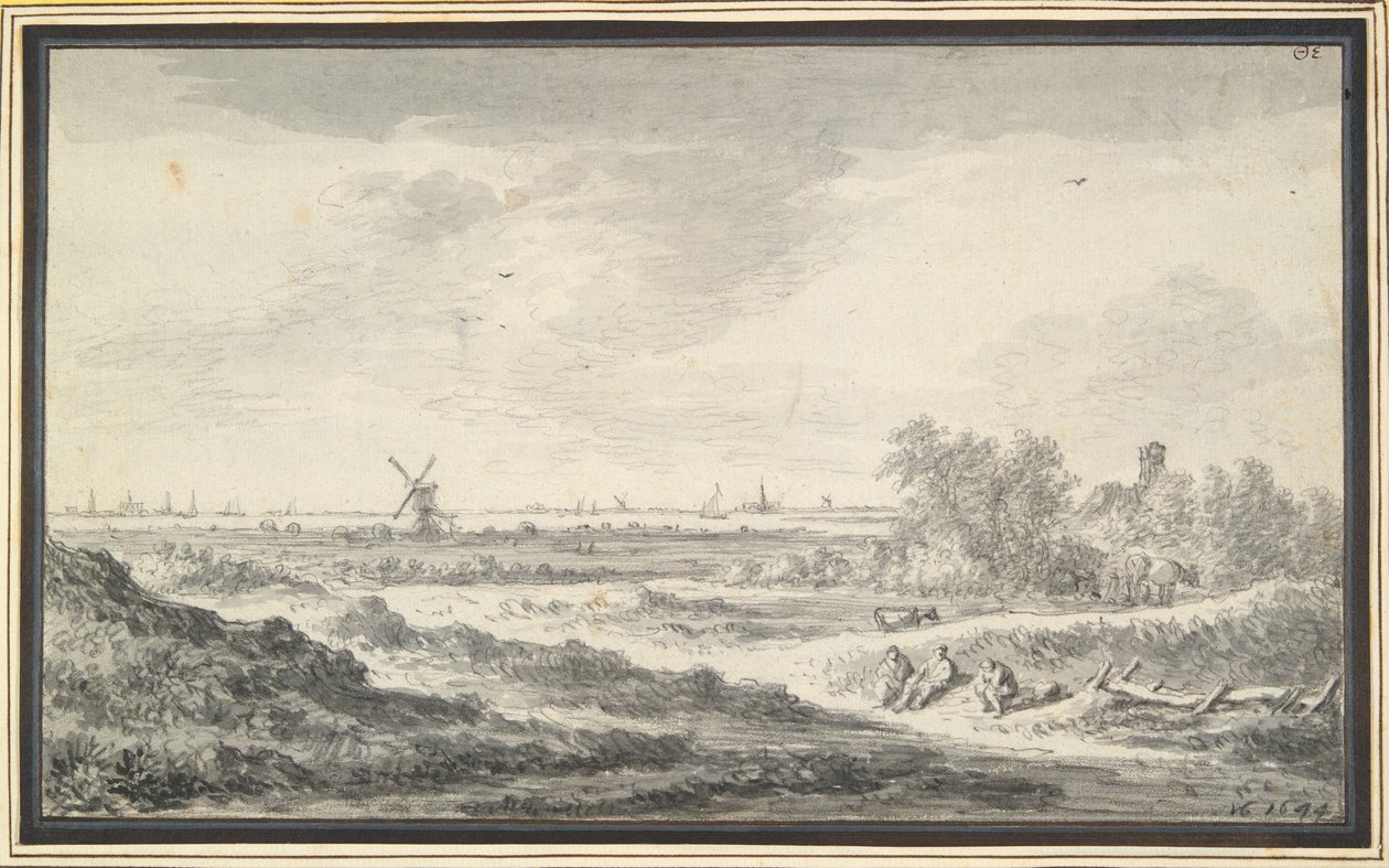 Udsigt over en flod med klitter i forgrunden af Jan van Goyen