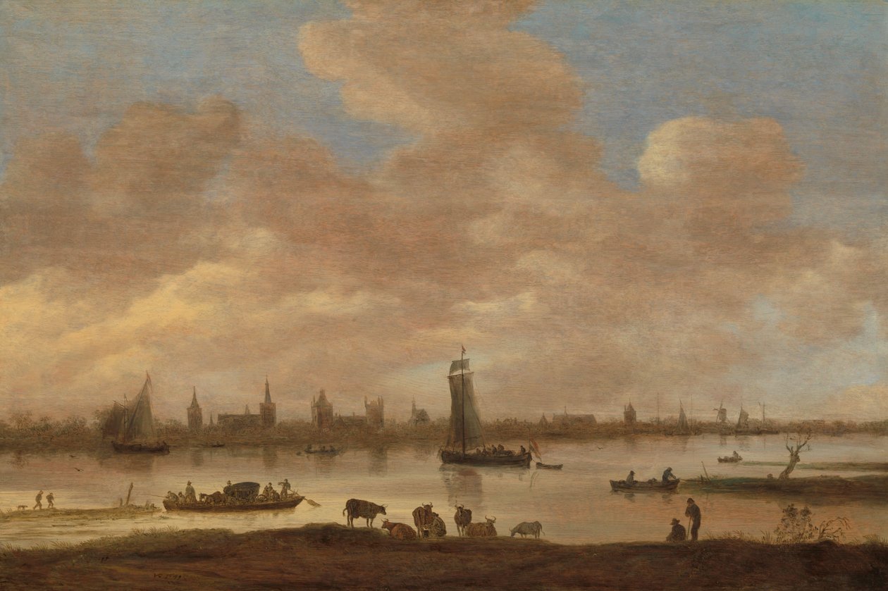 Udsigt over en imaginær by over en flod med Saint Pol-tårnet i Vianen af Jan van Goyen