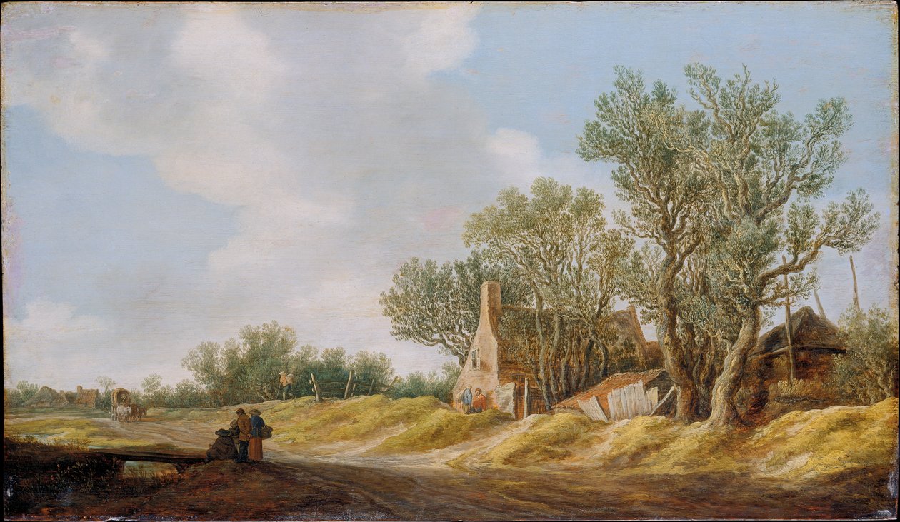 Landsbygade med hvilende mennesker ved en bro af Jan van Goyen