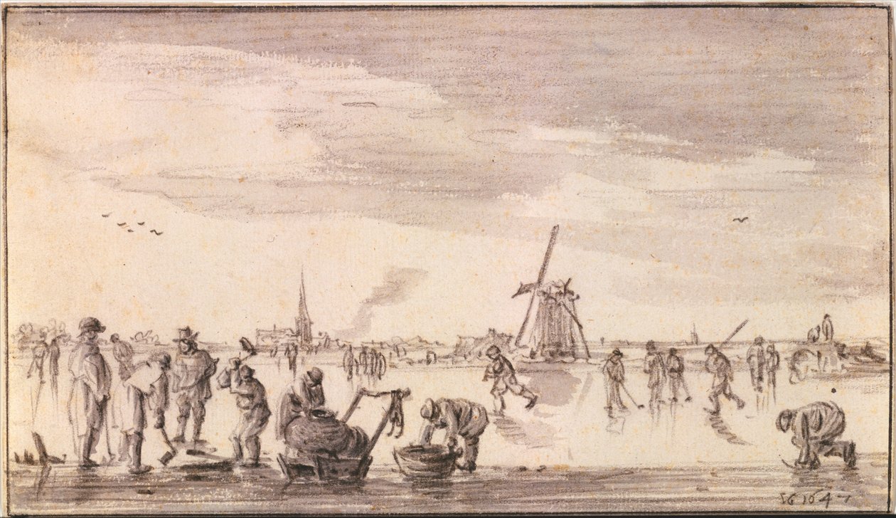 Vinterlandskab med skøjteløbere og fiskere af Jan van Goyen