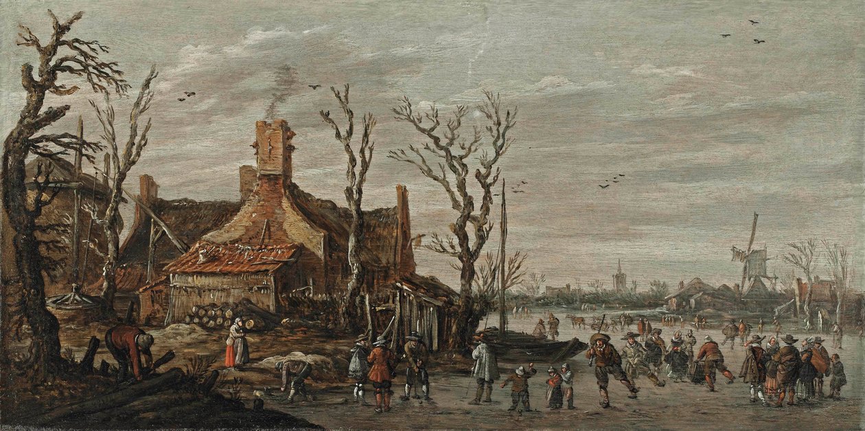 Vinterlandskab med figurer på isen nær et sommerhus af Jan van Goyen