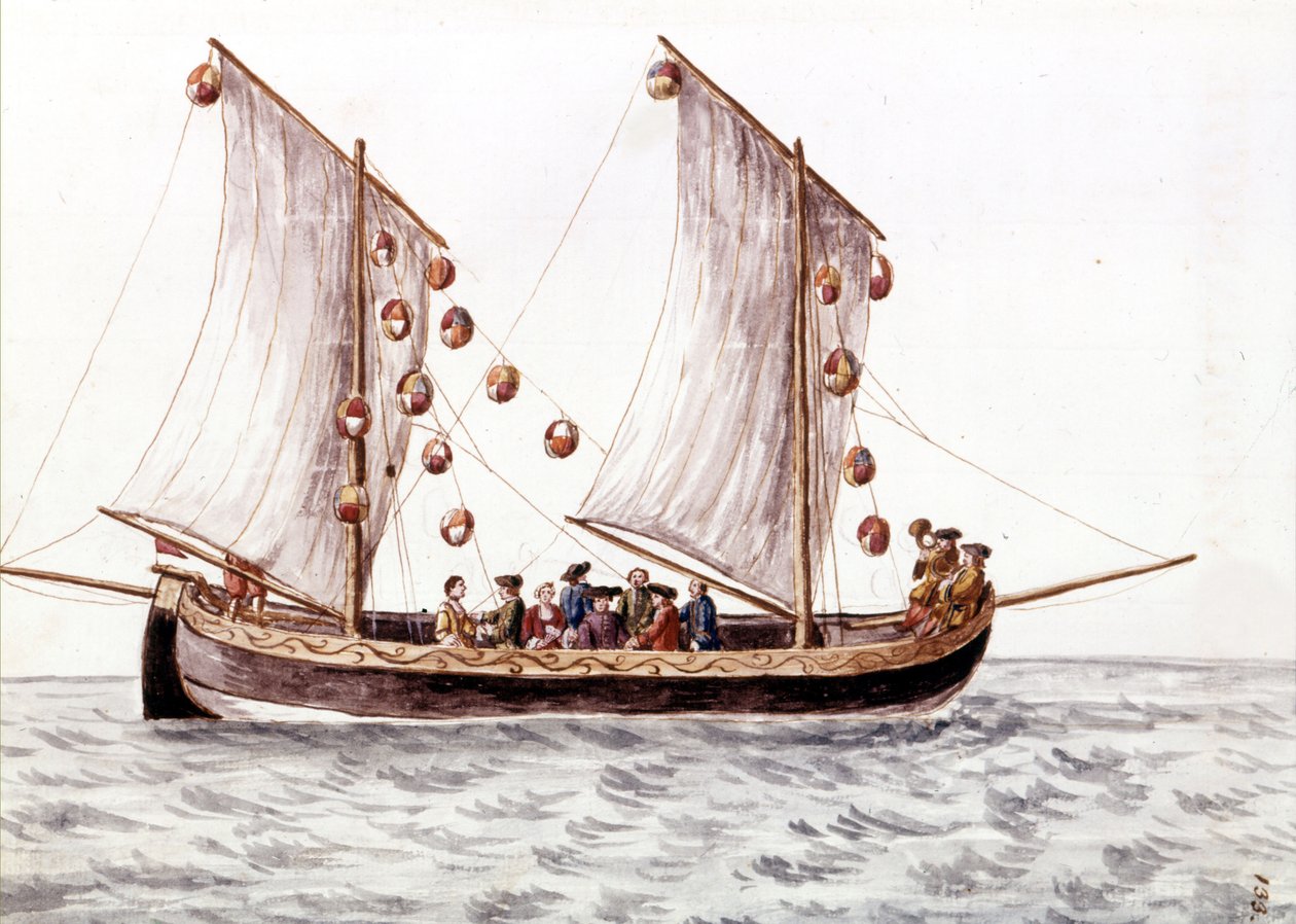 En venetiansk trabac med lanterner, fiskerbåd brugt i lavvandede farvande som Adriaterhavet, akvareltegning og blæk fra manuskriptet "" Venitianernes skikke"" af Jan van Grevenbroeck (eller Giovanni Grevembroch (Grevenbroch) (1731-1807) af Jan van Grevenbroeck