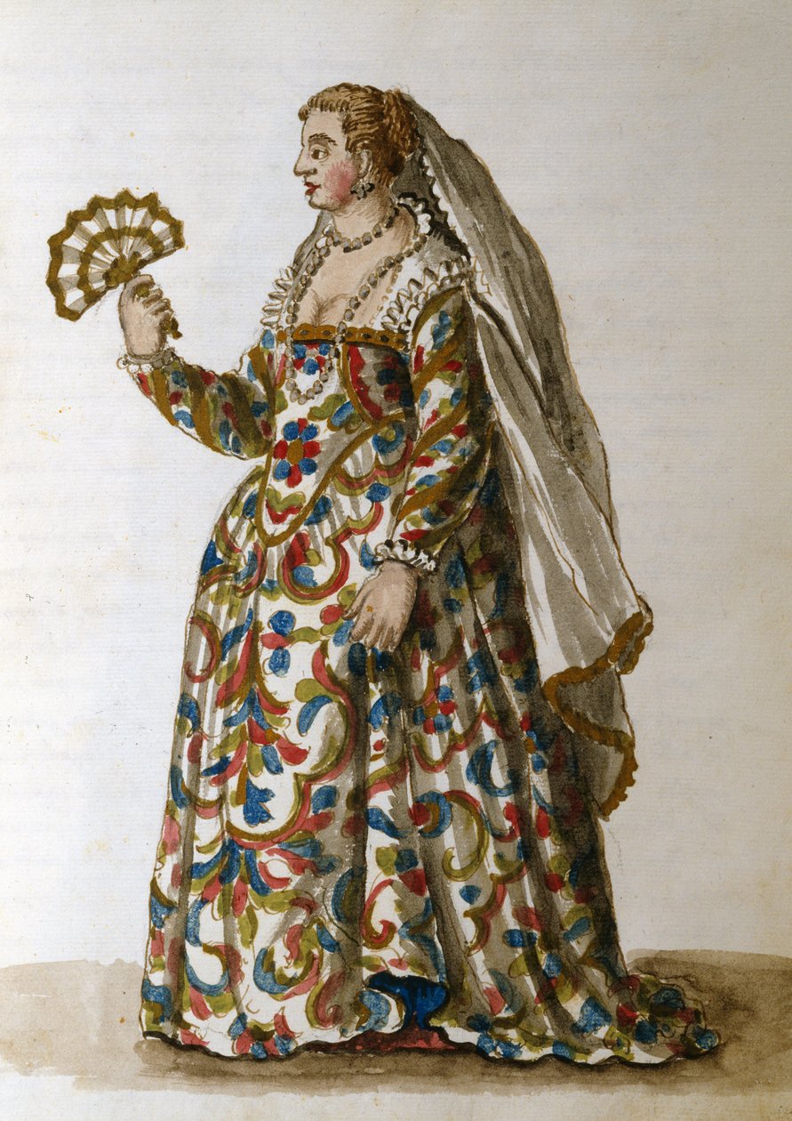 En gentlewoman i aftenkjole, hustru til en dignitær (pen & blæk og wc på papir) af Jan van Grevenbroeck