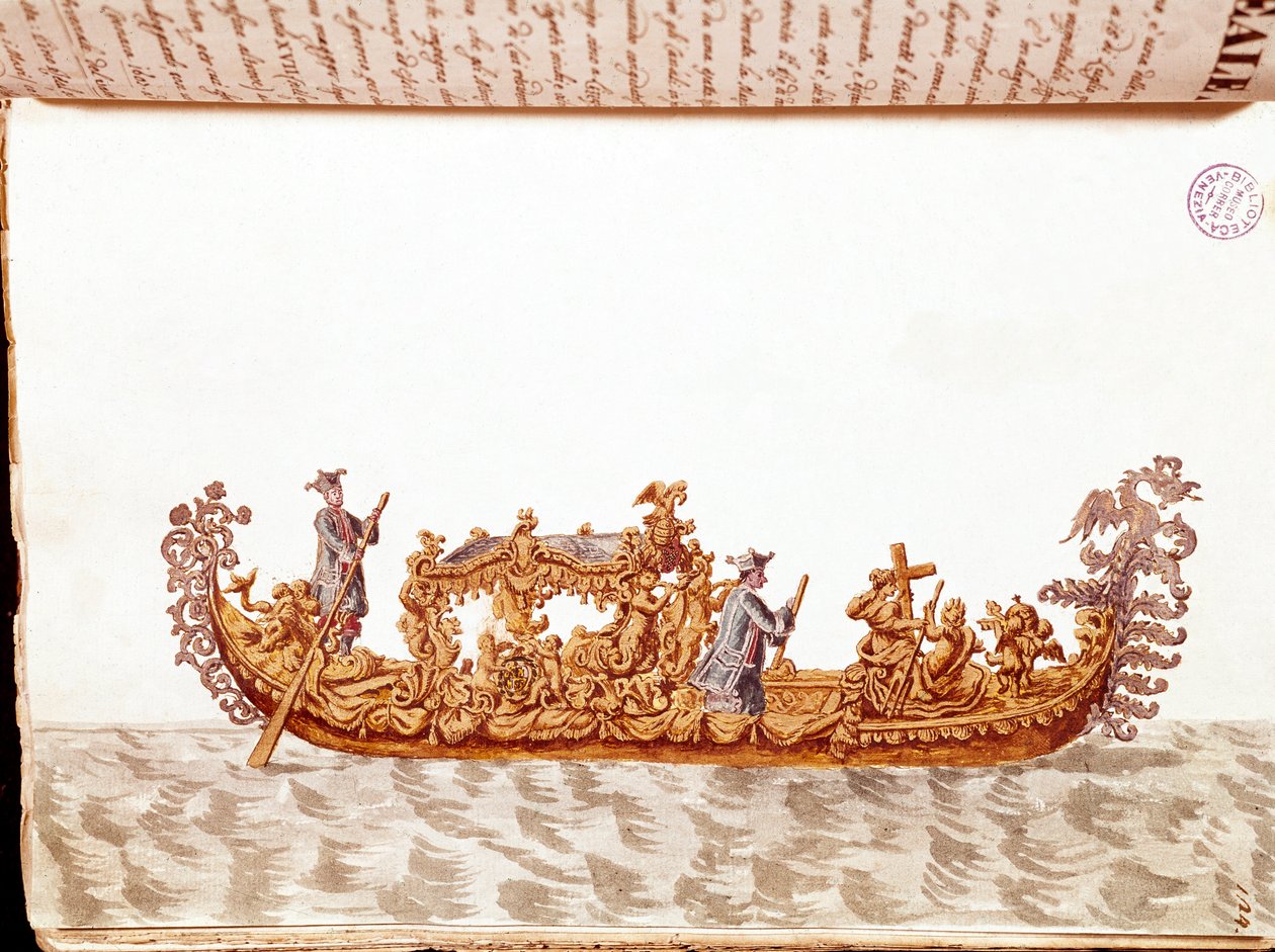 En kongelig gondol - Akvareltegning og blæk fra manuskriptet "Venitianernes skikke"" af Jan van Grevenbroek (eller Giovanni Grevenbroich (Grevenbroich) (1731-1807) af Jan van Grevenbroeck