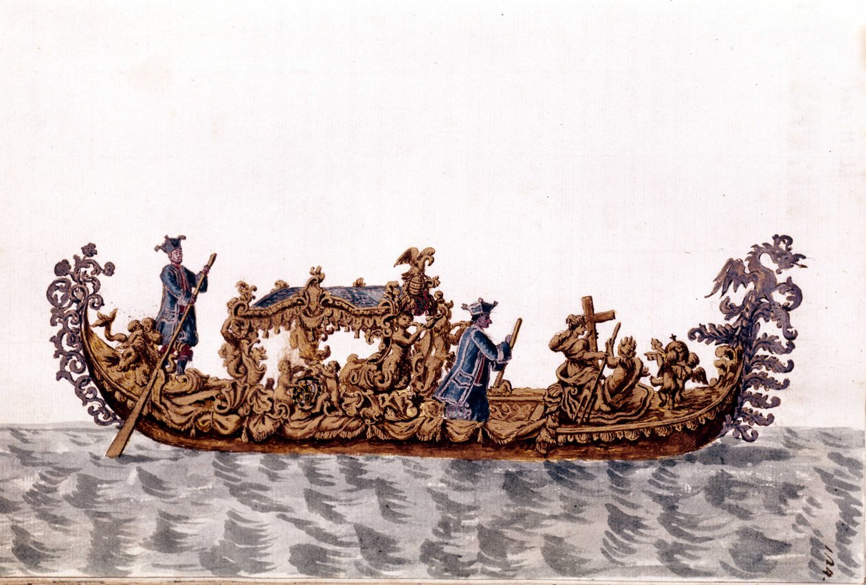 En kongelig gondol. Akvareltegning og blæk fra manuskriptet "Venitianernes skikke"" af Jan van Grevenbroek (eller Giovanni Grevenbroich (Grevenbroich) (1731-1807) af Jan van Grevenbroeck