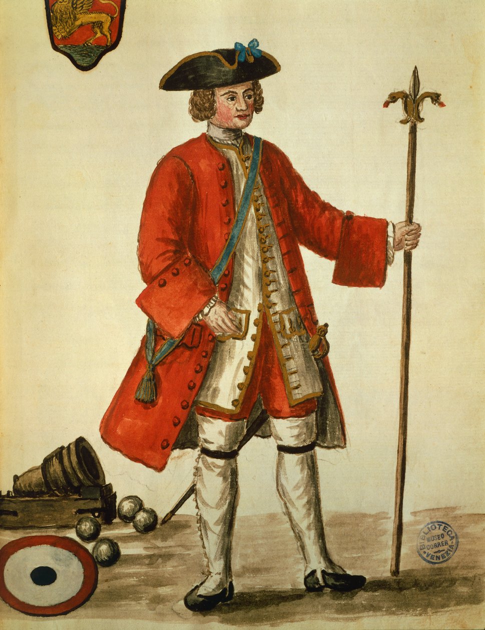 En artillerimand fra Venedigs flåde i uniform, taget fra Venicens kostumer af Giovanni di Grevembroch (1731-1807) Akvarel af Jan van Grevenbroeck