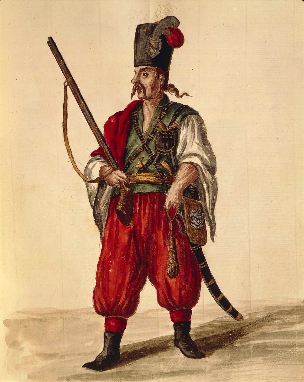 Karabineruniform, af Jan van Grevenbroeck eller Giovanni Grevembroch (1731-1807), Gli Donne de Veneziani, fra illustreret kostumebog, akvarel af Jan van Grevenbroeck