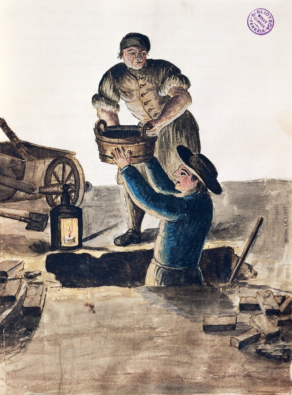 Rengøring af offentlig kloak, illustration fra Illustreret bog med venetianske dragter, af Jan Grevenbroeck (1731-1807), akvarel, Italien af Jan van Grevenbroeck