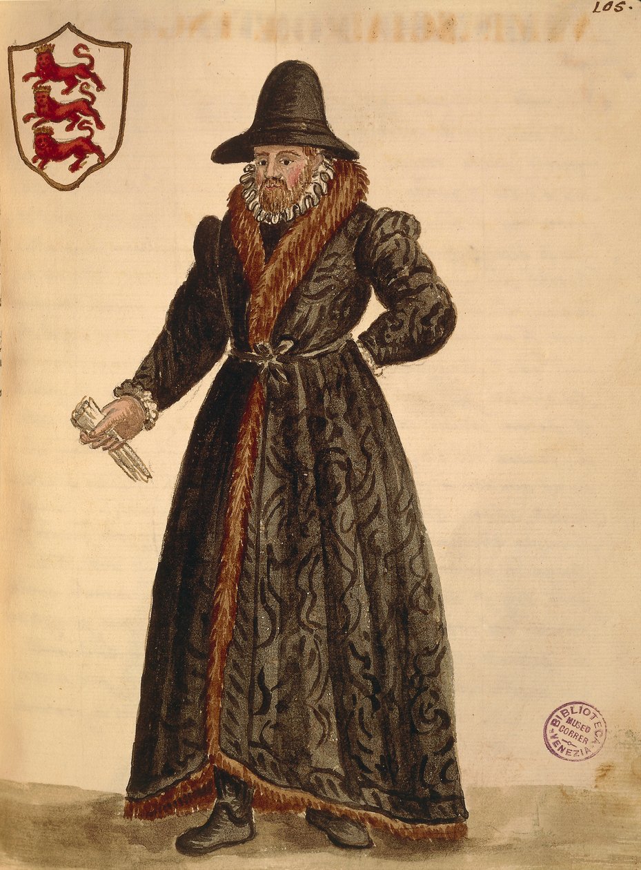 Engelsk ambassadør, af Jan van Grevenbroeck eller Giovanni Grevembroch (1731-1807), Gli Abiti de Veneziani, fra illustreret bog med kostumer, akvarel af Jan van Grevenbroeck