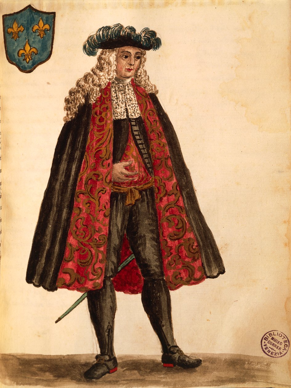 Fransk ambassadør, af Jan van Grevenbroeck eller Giovanni Grevembroch (1731-1807), Gli Abiti de Veneziani, fra illustreret bog med kostumer, akvarel af Jan van Grevenbroeck
