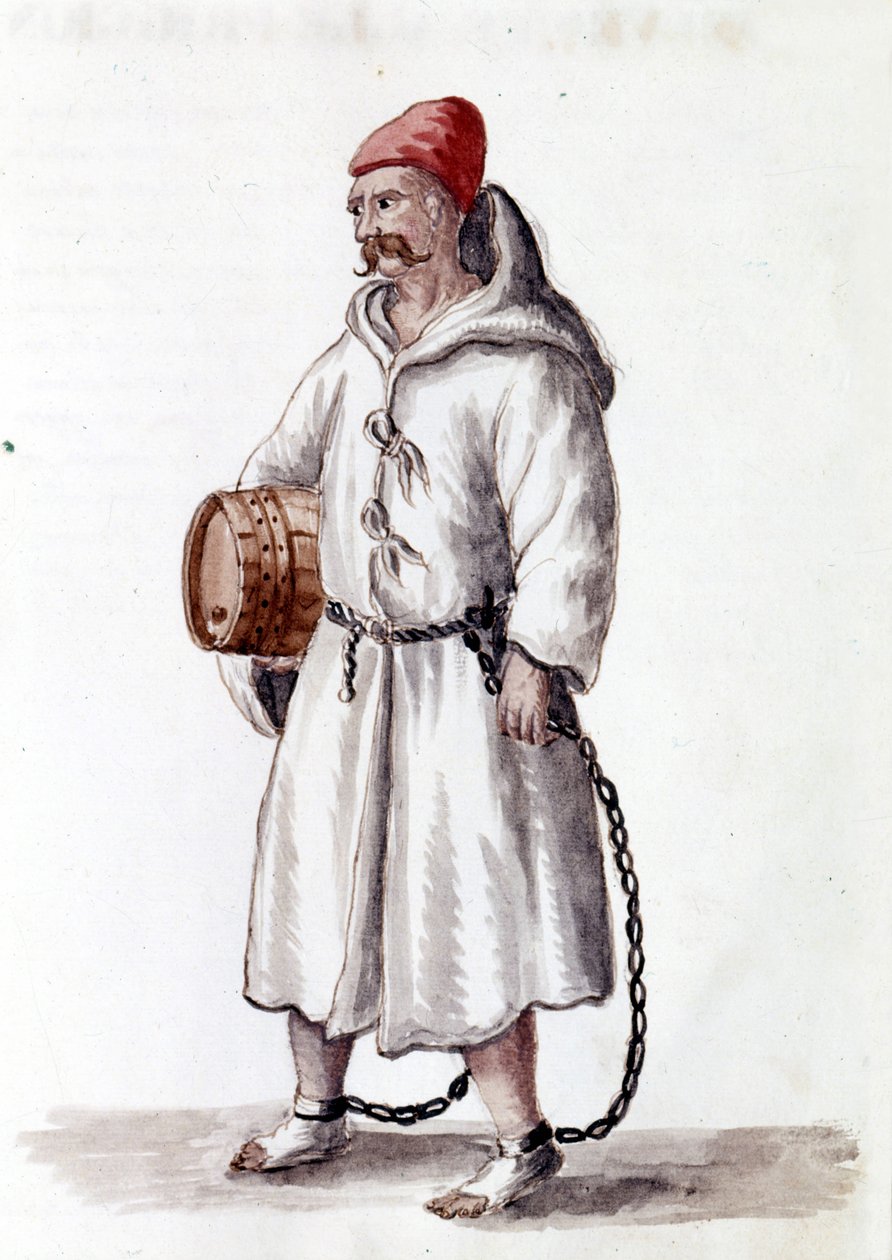 Galerian fra det 17. -18. århundrede. Akvareltegning og blæk fra manuskriptet "Venitianernes skikke"" af Jan van Grevenbroek (eller Giovanni Grevenbroich (Grevenbroich) (1731-1807) af Jan van Grevenbroeck