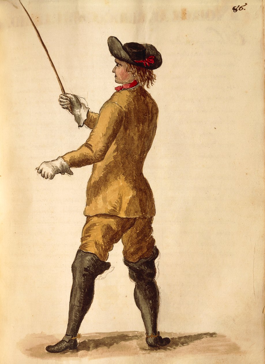 Herre i ridedragt, af Jan van Grevenbroeck eller Giovanni Grevembroch (1731-1807), Gli Donne de Veneziani, fra illustreret kostumebog, akvarel af Jan van Grevenbroeck