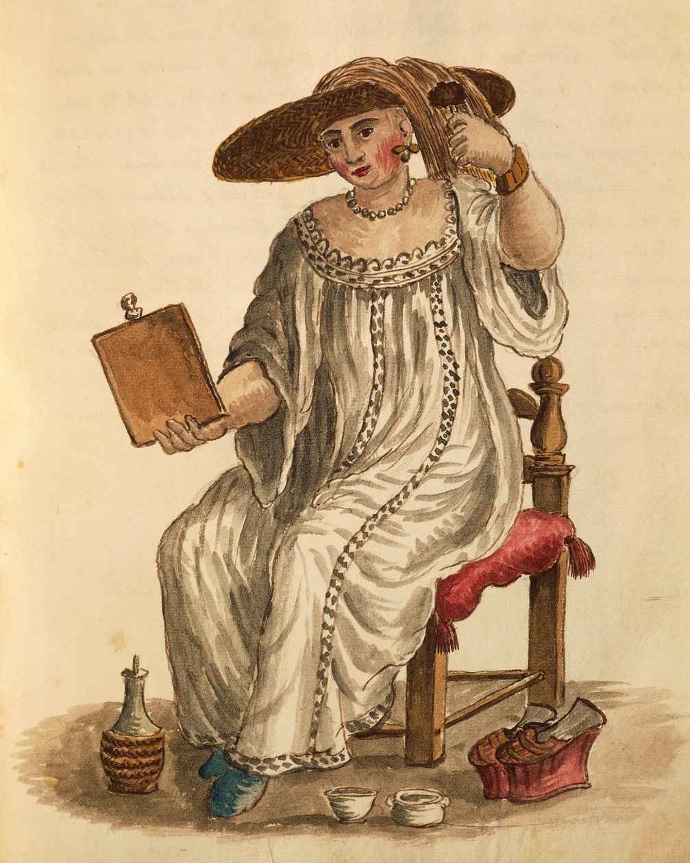 Dame, der sminker sig, af Jan van Grevenbroeck eller Giovanni Grevembroch (1731-1807), Gli Abiti de Veneziani, fra illustreret bog med kostumer, akvarel af Jan van Grevenbroeck
