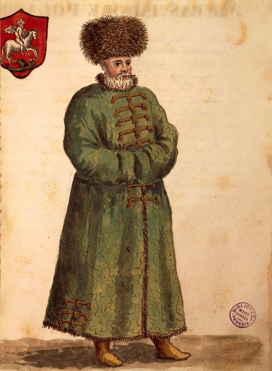 Muscovite-ambassadør, af Jan van Grevenbroeck eller Giovanni Grevembroch (1731-1807), Gli Donne de Veneziani, fra illustreret bog med kostumer, akvarel af Jan van Grevenbroeck