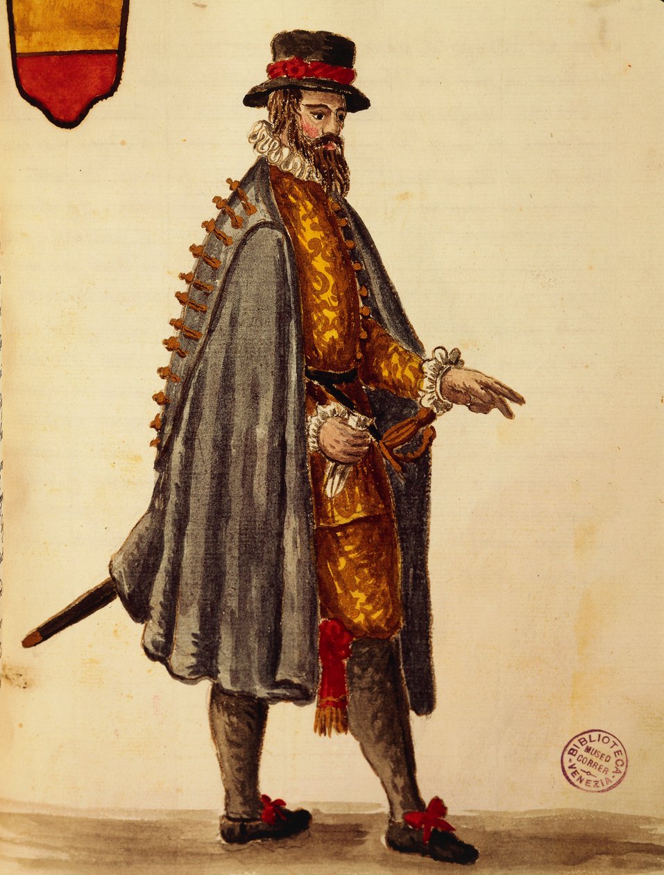 Napolitansk ambassadør, af Jan van Grevenbroeck eller Giovanni Grevembroch (1731-1807), Gli Donne de Veneziani, fra illustreret bog med kostumer, akvarel af Jan van Grevenbroeck