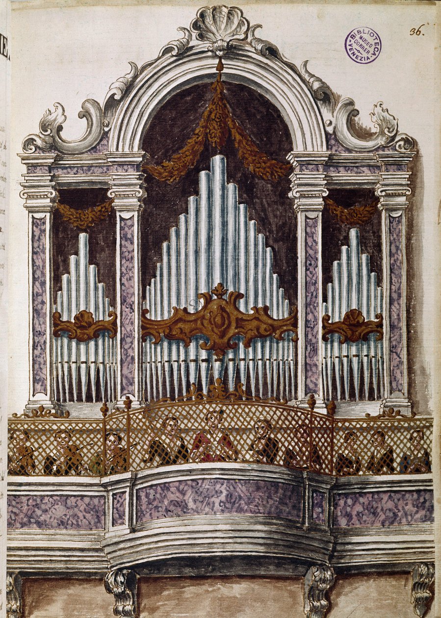 Forældreløse sang, orgel for koret i kirken Ospedale della Pieta, Venedig (Kor af forældreløse børn) Akvareltegning og blæk fra manuskriptet "Venitianernes skikke"" af Jan van Grevenbroeck (eller Giovanni Grevembroch (Grevenbroch) (1731-) 1807) af Jan van Grevenbroeck