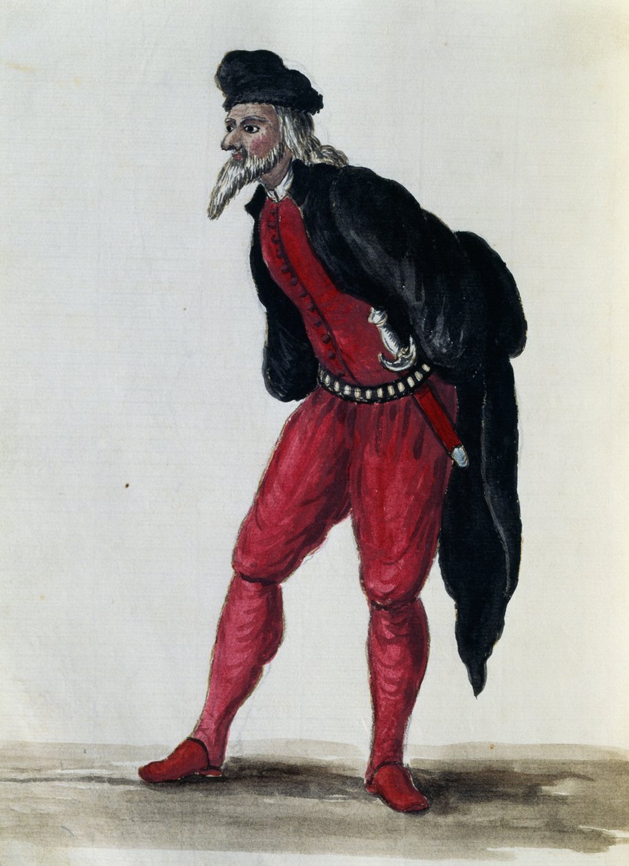 Pantaloon, købmand af Venedig, illustration fra kostumer af venetianere i næsten alle aldre, flittigt indsamlet og malet i det 18. århundrede, Giovanni di Grevembroch (1731-1807) af Jan van Grevenbroeck