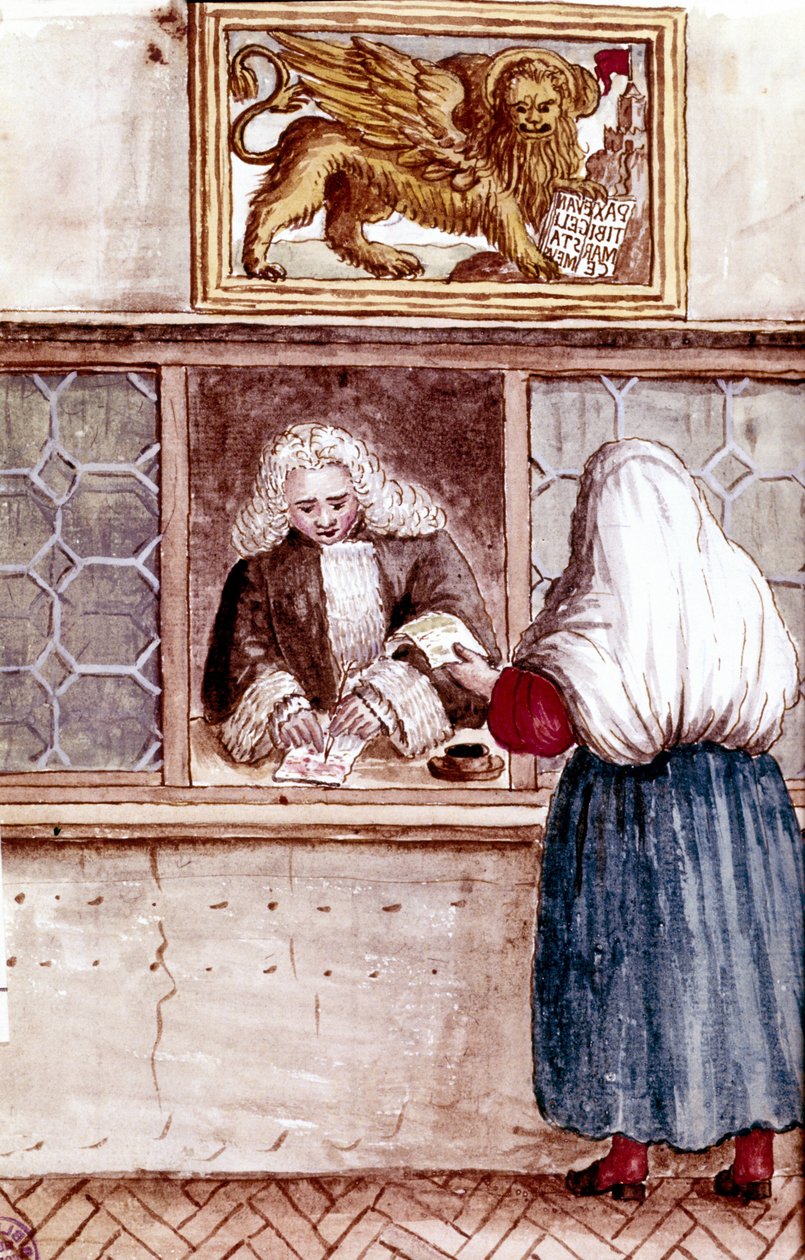 Pantelånerbutik. fromhedens bjerg i Venedig. Akvareltegning og blæk fra manuskriptet "Venitianernes skikke"" af Jan van Grevenbroeck (eller Giovanni Grevembroch (Grevenbroch) (1731-1807) af Jan van Grevenbroeck