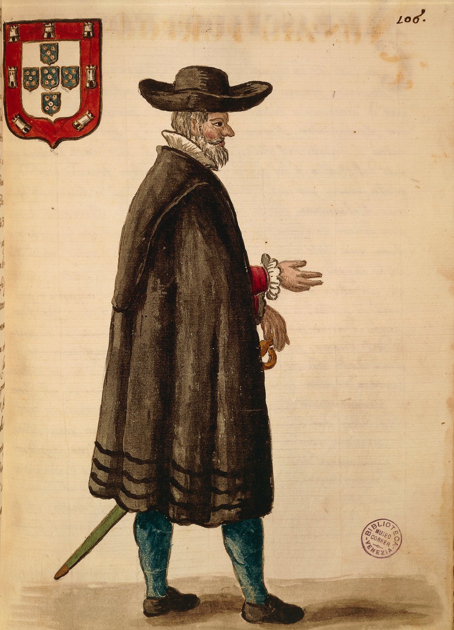 Portugisisk ambassadør, af Jan van Grevenbroeck eller Giovanni Grevembroch (1731-1807), Gli Donne de Veneziani, fra illustreret bog med kostumer, akvarel af Jan van Grevenbroeck