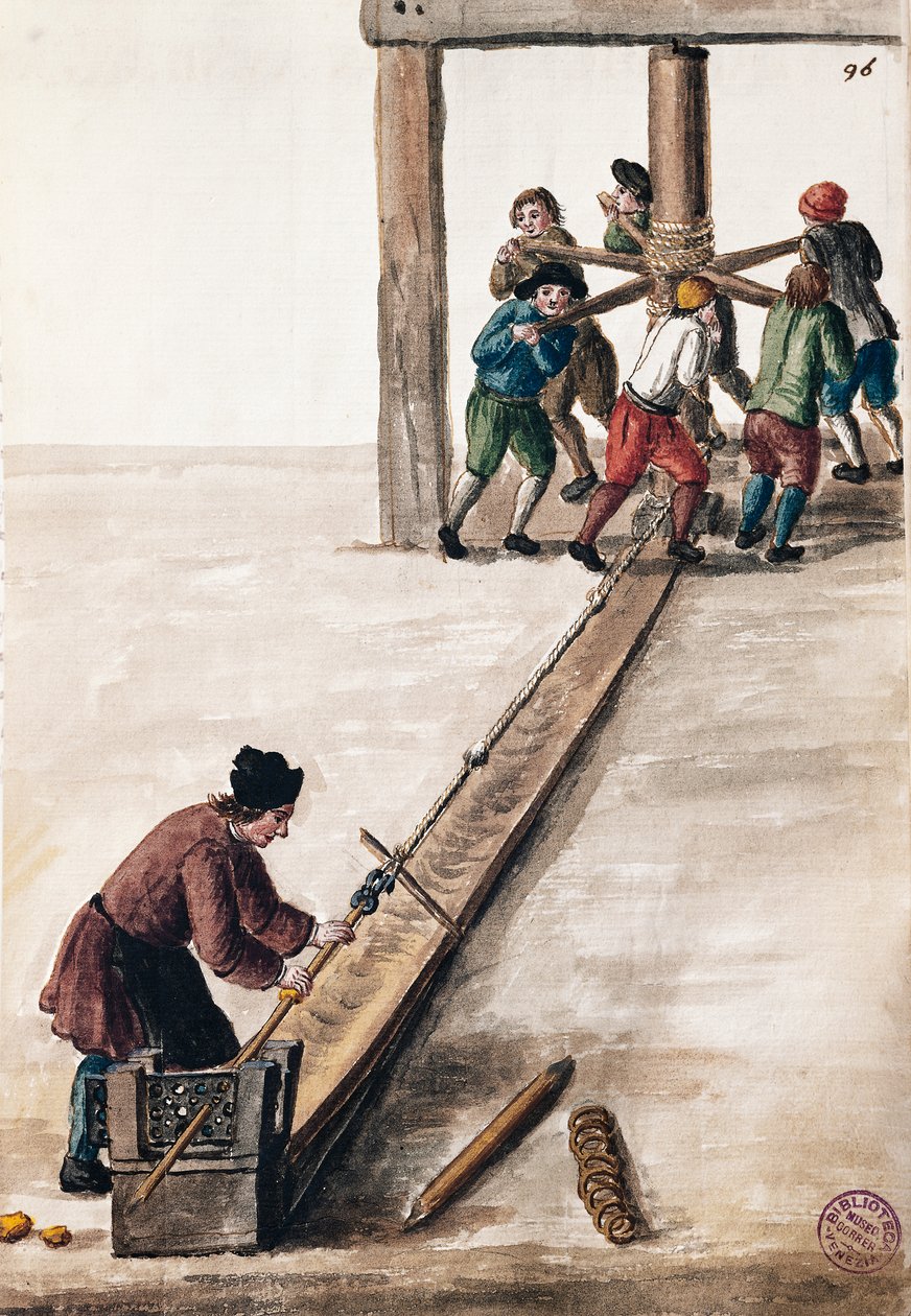 Forarbejdningsstænger til mynteillustration fra Illustreret bog med venetianske dragter, af Jan Grevenbroeck (1731-1807), akvarel, Italien af Jan van Grevenbroeck