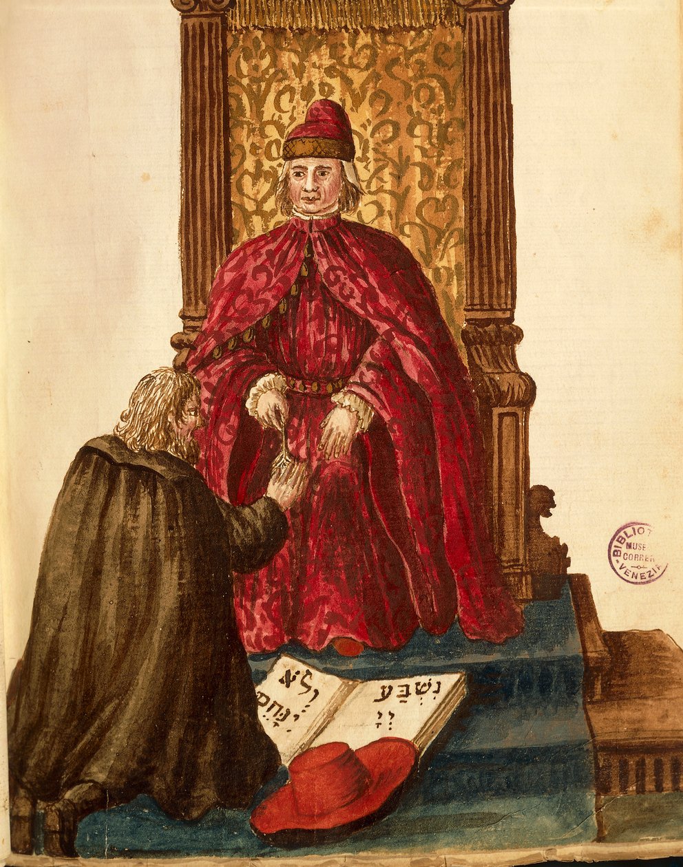 Republikkens dignitær sværger loyalitet til den venetianske doge, af Jan van Grevenbroeck eller Giovanni Grevembroch (1731-1807), Gli Abiti de Veneziani, fra illustreret bog med kostumer, akvarel af Jan van Grevenbroeck