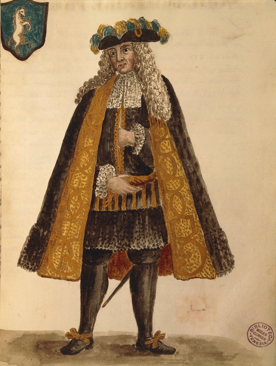 Sardinisk ambassadør, af Jan van Grevenbroeck eller Giovanni Grevembroch (1731-1807), Gli Abiti de Veneziani, fra illustreret bog med kostumer, akvarel af Jan van Grevenbroeck