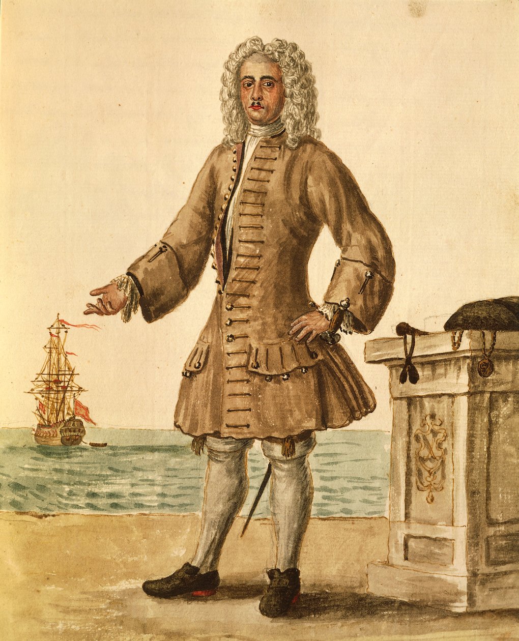 Skibskaptajn for den venetianske republik, af Jan van Grevenbroeck eller Giovanni Grevembroch (1731-1807), Gli Abiti de Veneziani, fra illustreret bog med kostumer, akvarel af Jan van Grevenbroeck