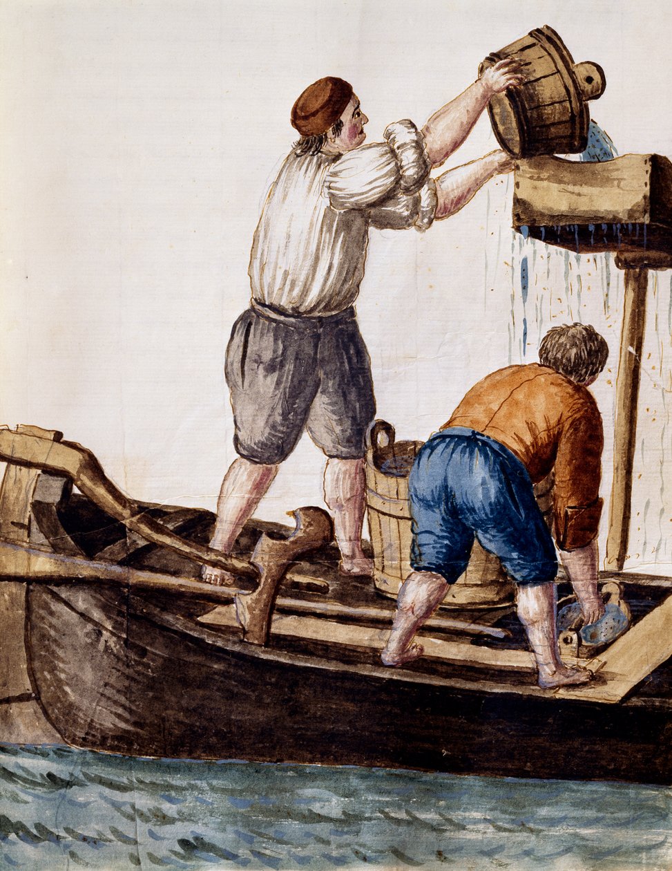 Sigtning af kanalvand på jagt efter tabte genstande, illustration fra Illustreret bog med venetianske kostumer, af Jan Grevenbroek (1731-1807), akvarel, Italien af Jan van Grevenbroeck