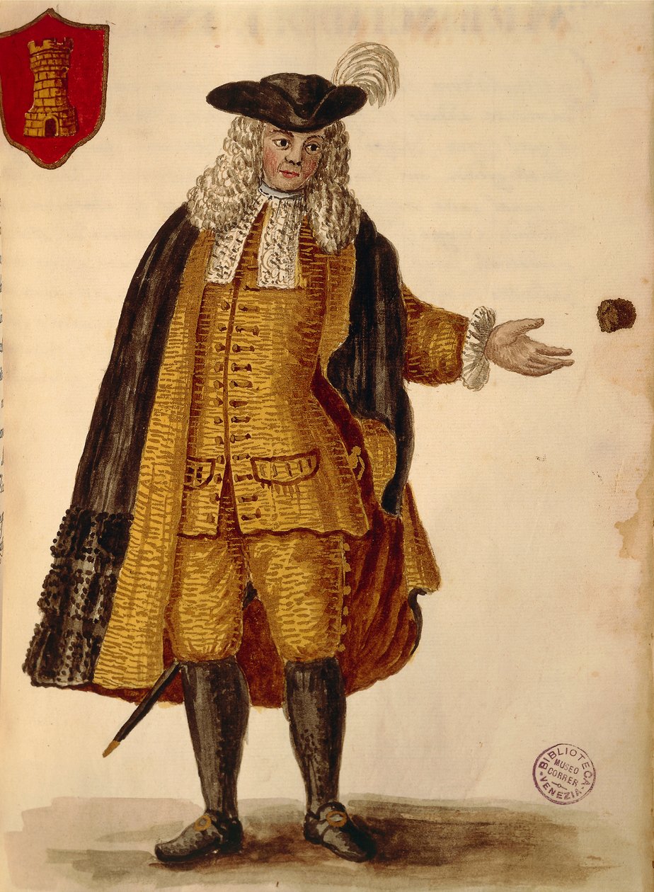 Spansk ambassadør, af Jan van Grevenbroeck eller Giovanni Grevembroch (1731-1807), Gli Abiti de Veneziani, fra illustreret bog med kostumer, akvarel af Jan van Grevenbroeck