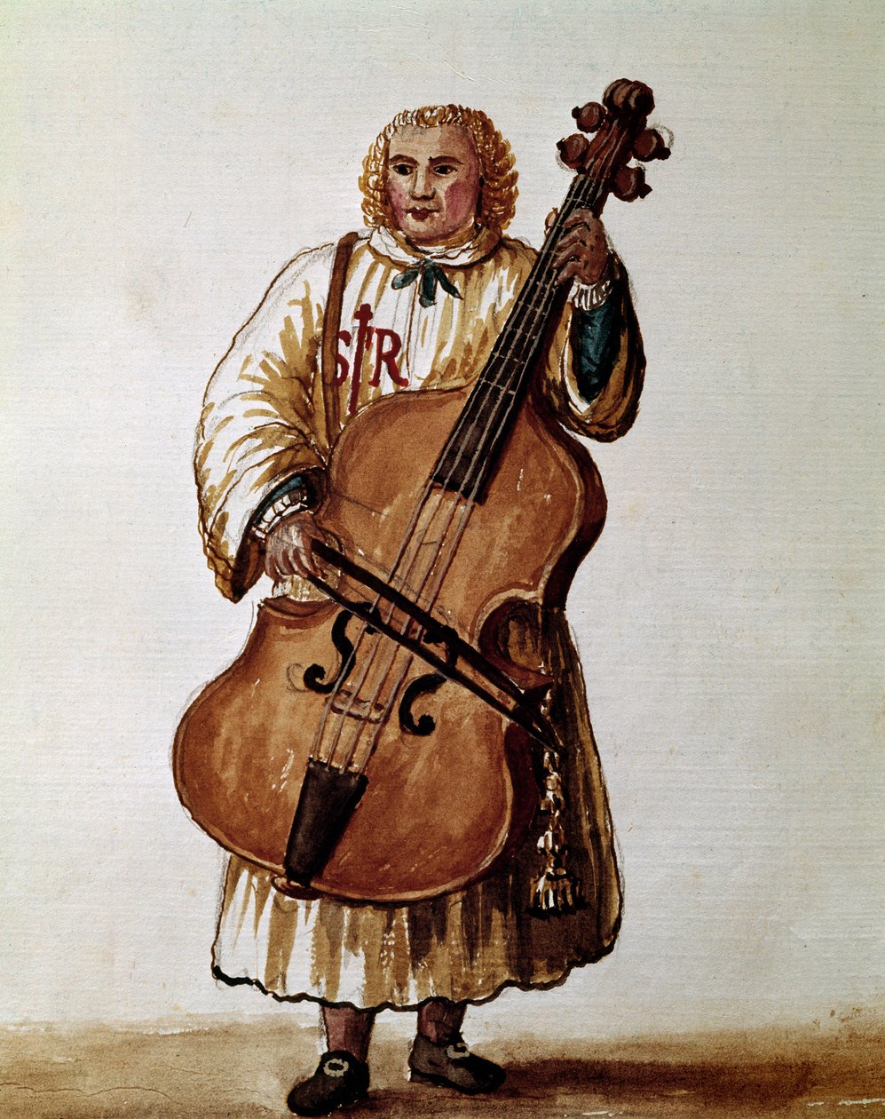 Gademusiker (vandrende musiker) Akvareltegning og blæk fra manuskriptet "Venitianernes skikke"" af Jan van Grevenbroeck (eller Giovanni Grevembroch (Grevenbroch) (1731-1807) af Jan van Grevenbroeck