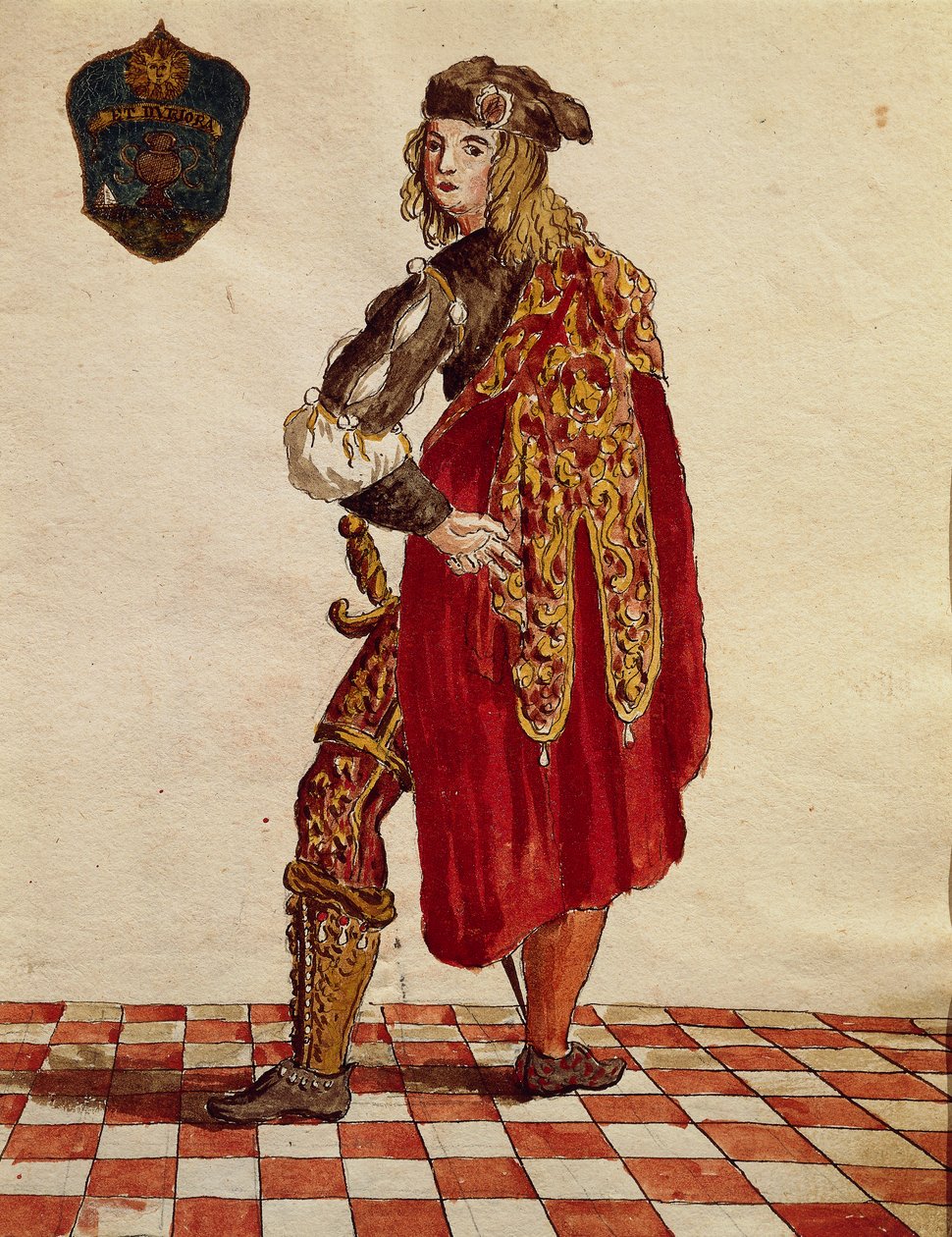 Dragt af ridder af Confraternity de la Calza (Stocking) i 1564, af Jan van Grevenbroeck eller Giovanni Grevembroch (1731-1807), Gli Abiti de Veneziani, fra illustreret bog med kostumer, akvarel af Jan van Grevenbroeck